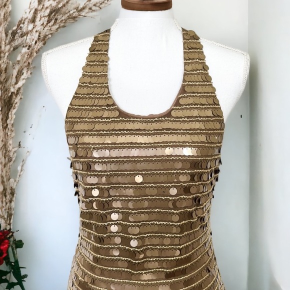 BCBG Maxazria IMAN SEQUIN BRONZE COIN CRISS CROSS PAILLETTE COIN MINI DRESS - Picture 6 of 13